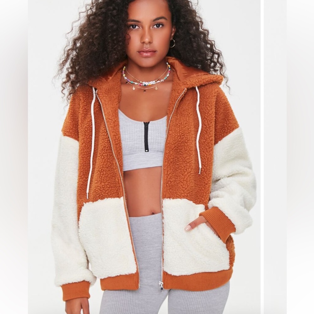 Colorblock Faux Shearling Hooded Jacket